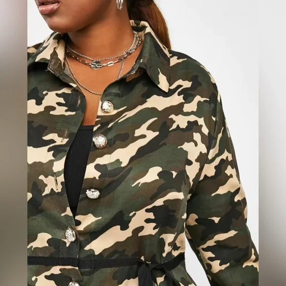 Plus Size Camo Print Button Front High Low Coat Outerwear - Picture 4 of 9